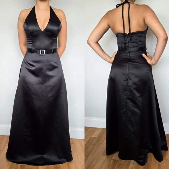 Scott McClintoch Vintage Black Tie Satin Gown‎ Rhinestone Buckle Belted Size 8 - Picture 3 of 15